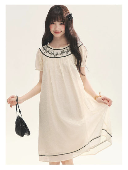 "Midnight Princess" Yellow Flower Rope Embroidered Babydoll Midi Dress