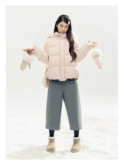 "Snowland Sprite" Peach Blush Lilac Hooded Down Jacket with Detachable Faux Fur Trim & Gloves