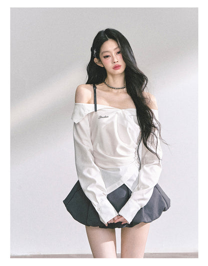 少也眼 "London Reveries" Off-Shoulder Plaid Sun-Proof Shirt - White