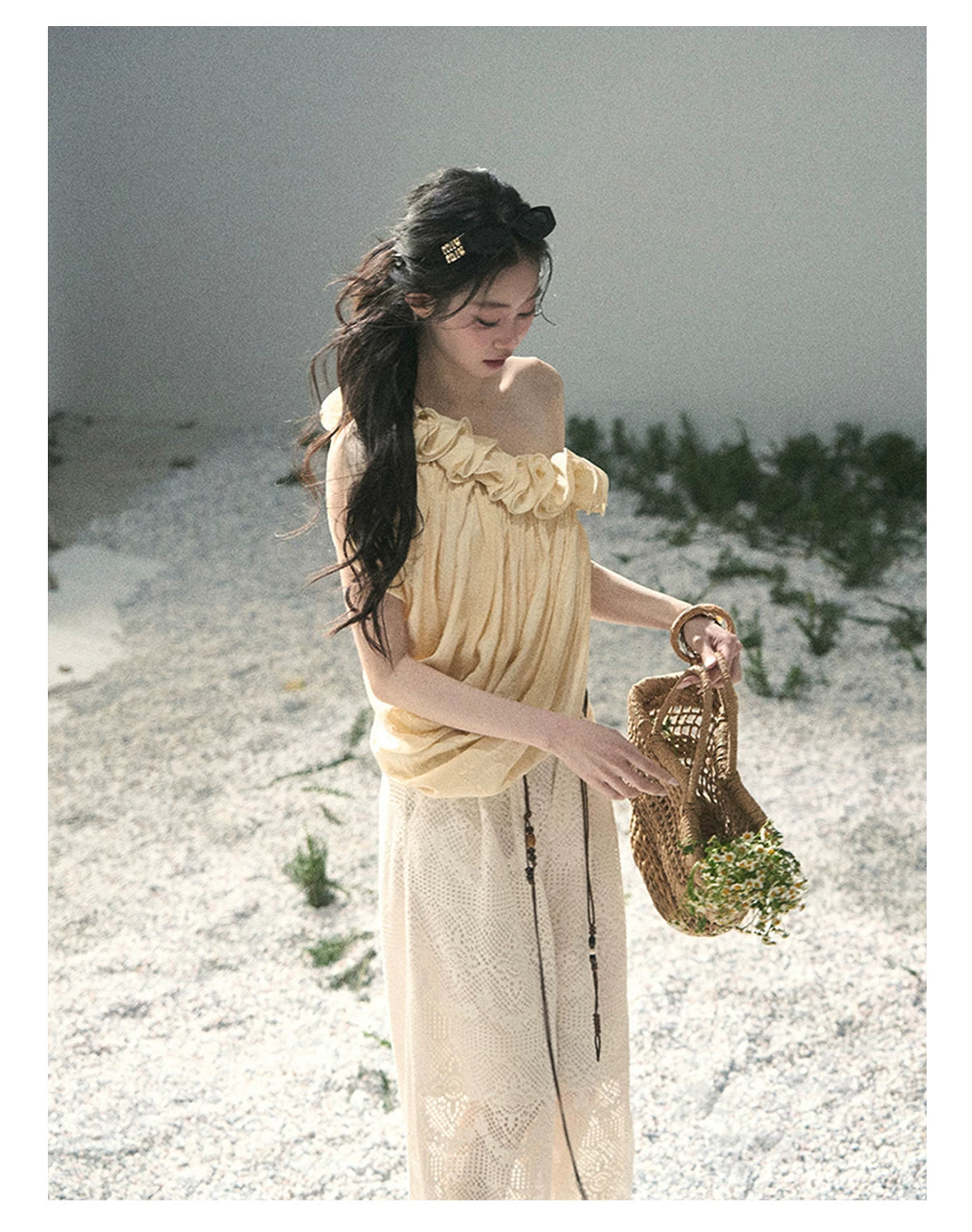 “Where Spring Petals Fall” Milkshake Yellow Ruffle Off-Shoulder Top