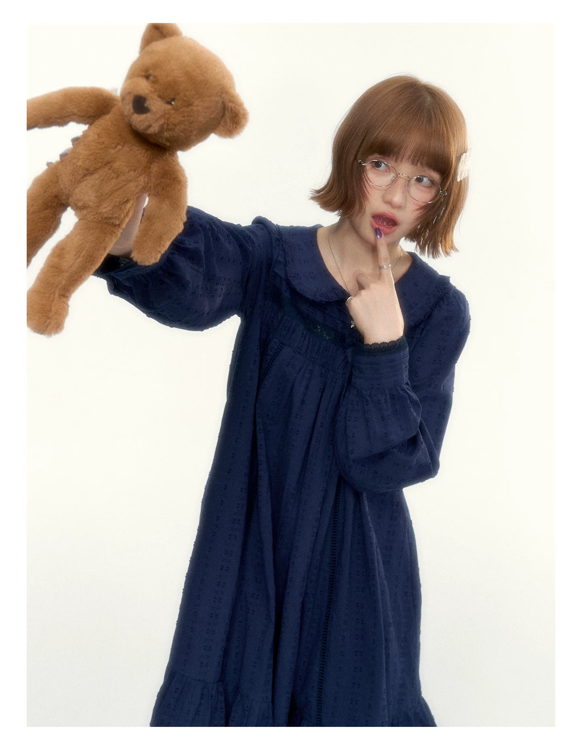 “Vintage Ribbon” Navy Peter Pan Collar Lace-Trimmed A-Line Dress