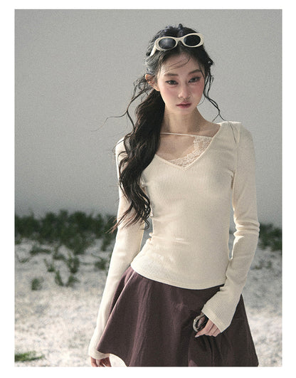 “Day & Night” Milk Apricot Lace Knit Top