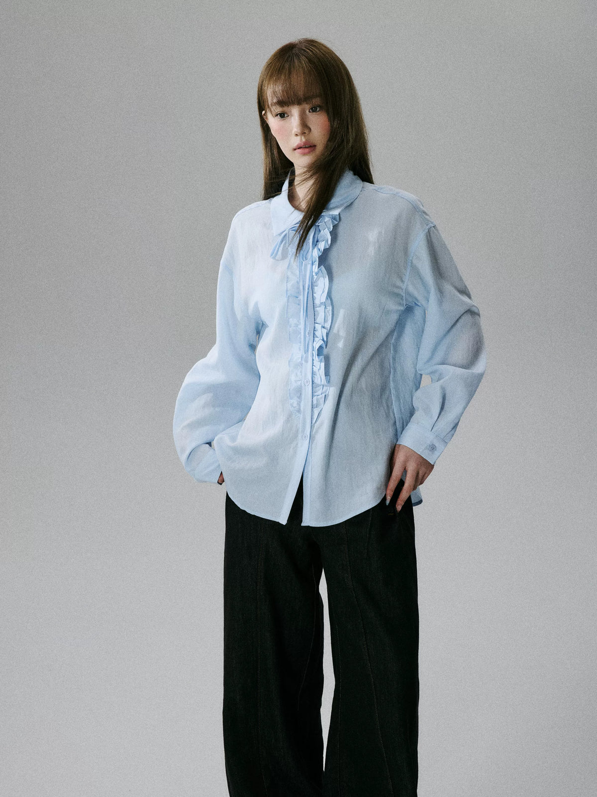 LOST FOREST - Water Blue Asymmetrical Lyocell Tie-Strap Blouse with Ruffle Trim