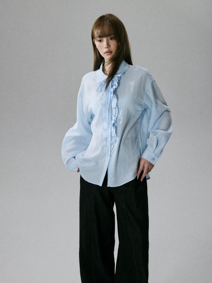 LOST FOREST - Water Blue Asymmetrical Lyocell Tie-Strap Blouse with Ruffle Trim