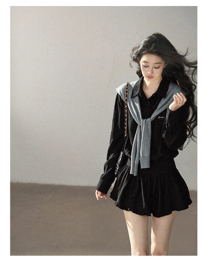 AOMALM - "Whispers of the Night" Serene Black Korean Intellectual Chic Shirt & Mini Skirt Set