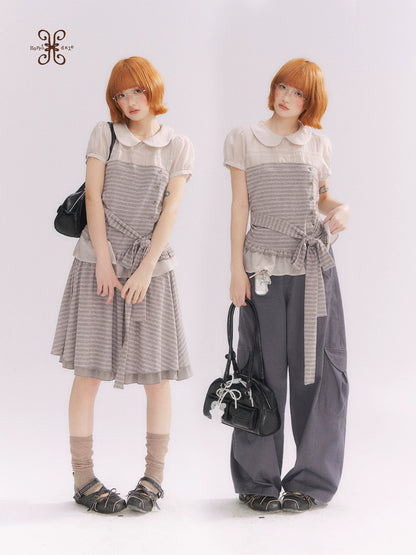 “Old Keepsake Letters” Frost Gray Doll Collar Lace Two-Piece Set