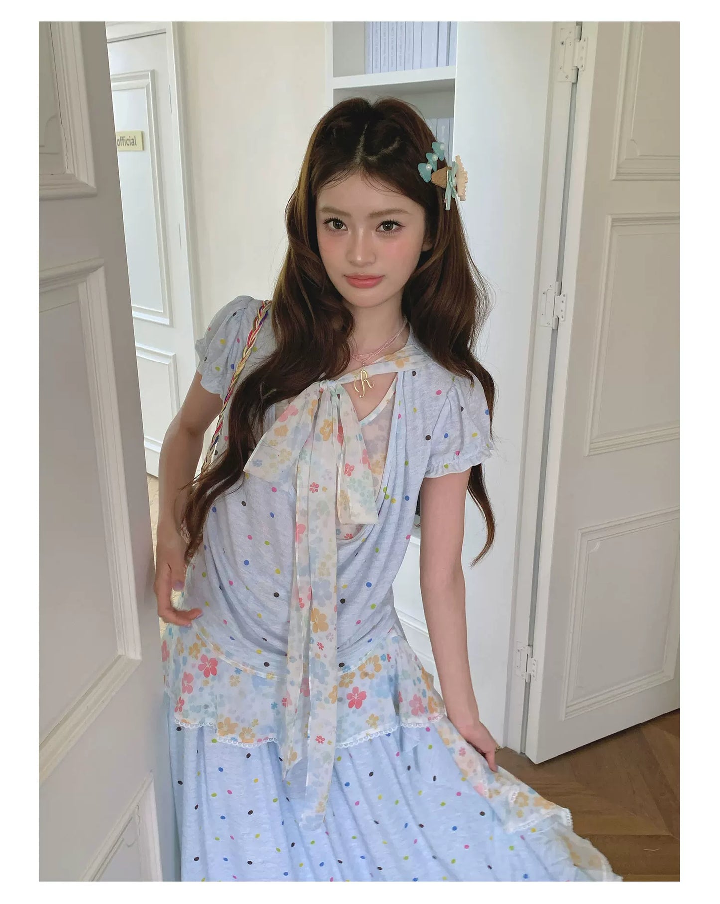 “Sea Salt Blossom Letter” Baby Blue Layered Skirt Set