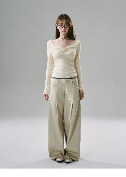 LOST FOREST - Lace Twist-Font Fitted Top (Cream White / Goose Yellow)