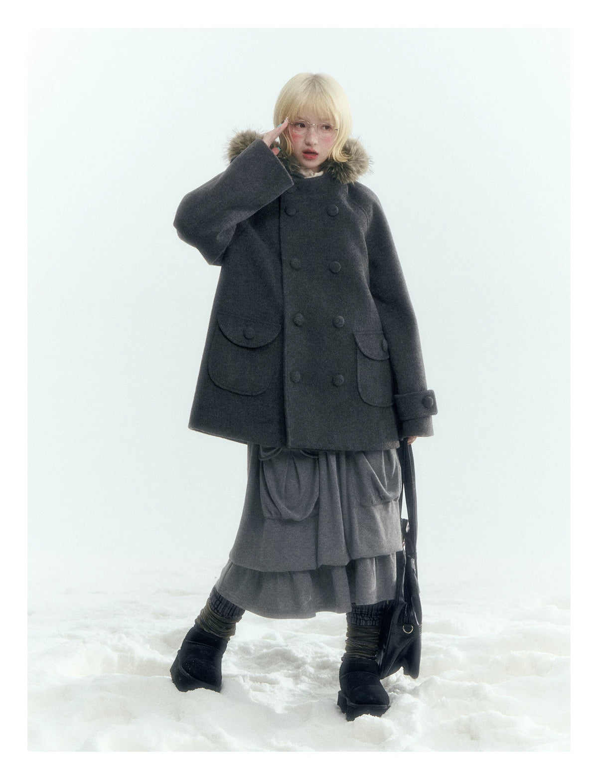 Japanese Hooded Double-Breasted Wool Coat (Deep Charcoal Gray / Taro Purple)