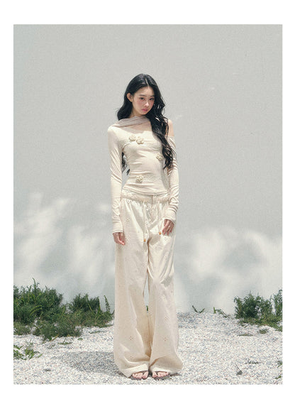 少也眼 “Rose Whisper” Asymmetrical Floral Lace Knit Top 45368753
