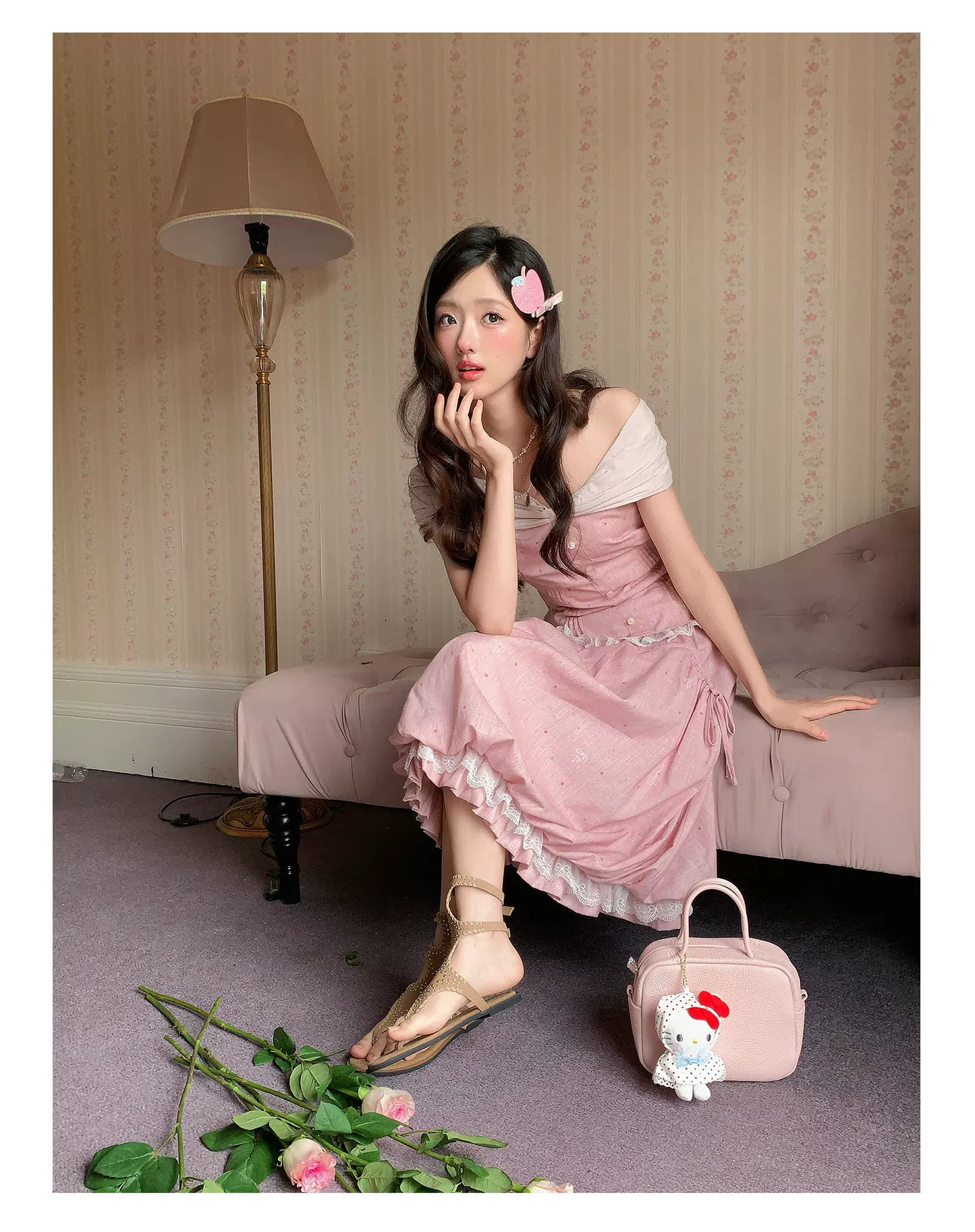 “Peach Mist Starlit Meadow” Pink Off-Shoulder Skirt Set