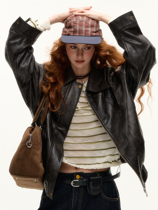 ASGONY - Retro Puppy Embossed Faux Leather Jacket