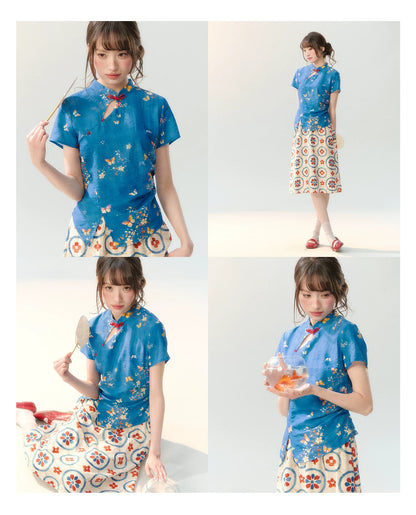 "Garden Letter" Blue Floral New Chinese Two-Piece Skirt Set