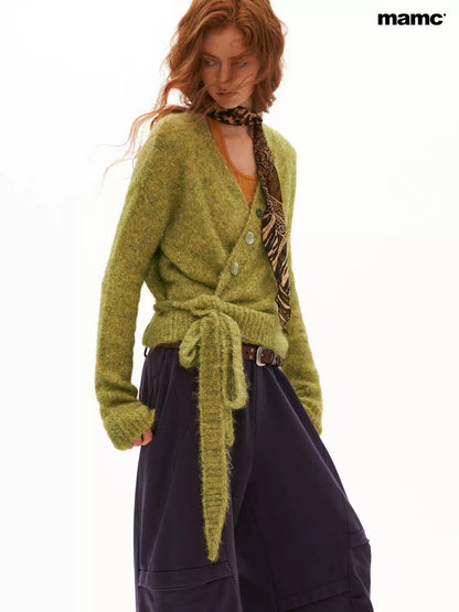 MAMC - Green Textured Cross-Tie Waist Knit Sweater