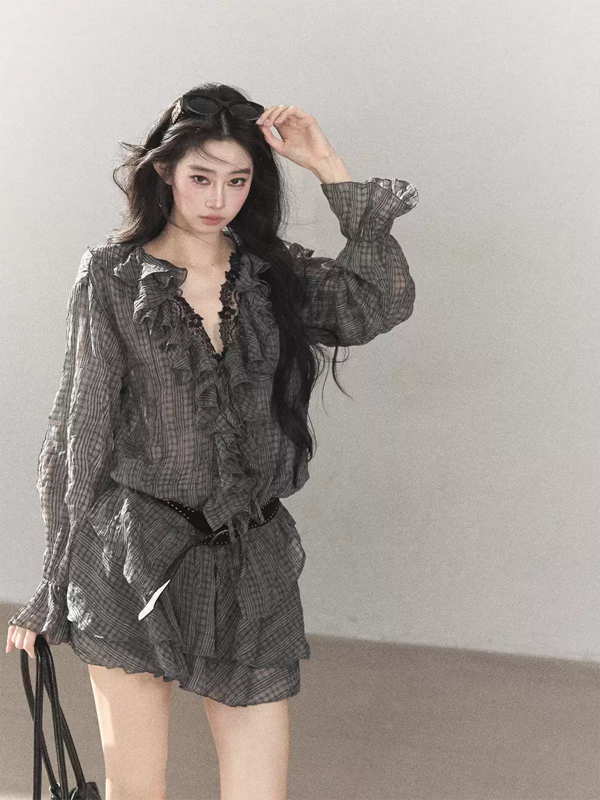 AOMALM - "Gray Check & Wild Wind" Ruffle Top & Mini Skirt Set (With Belt)