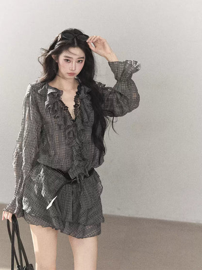 AOMALM - "Gray Check & Wild Wind" Ruffle Top & Mini Skirt Set (With Belt)