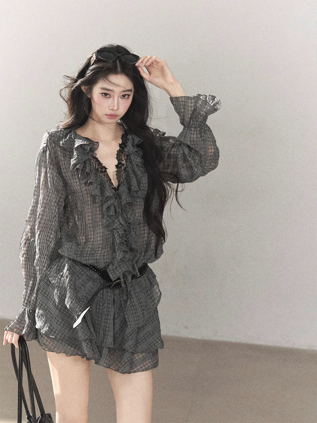 AOMALM - "Gray Check & Wild Wind" Ruffle Top & Mini Skirt Set (With Belt)