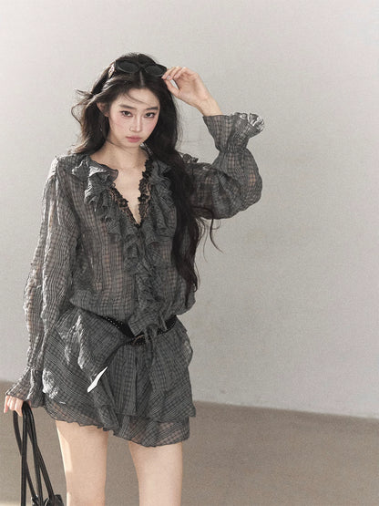 AOMALM - "Gray Check & Wild Wind" Ruffle Top & Mini Skirt Set (With Belt)