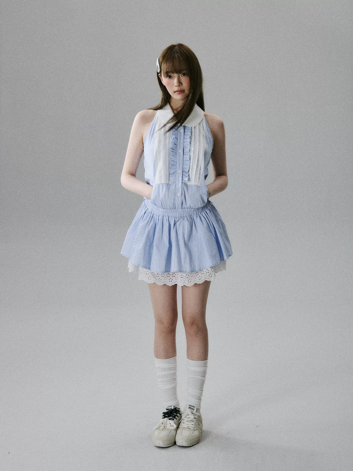 LOST FOREST  - Blue Striped Lace-Trim Halter Dress with Elastic Waist