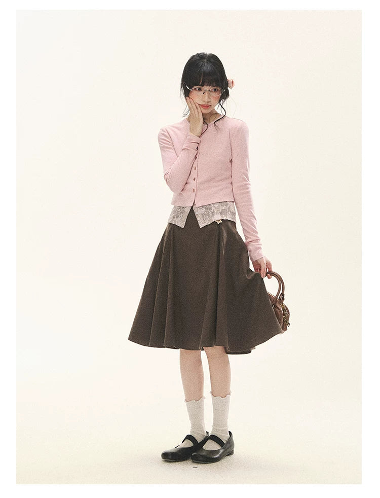 "Layered Blossom" Faux-Layer Knit Cardigan (Sakura Pink/ Heather Gray)