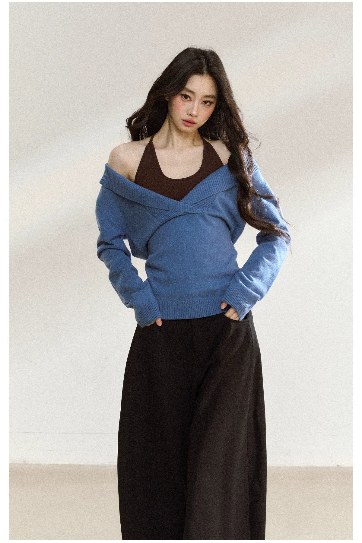 JN's DESIGN - Blue Knit Sweater with Brown Cami Set
