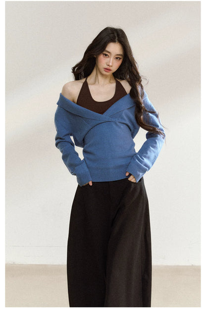 JN's DESIGN - Blue Knit Sweater with Brown Cami Set