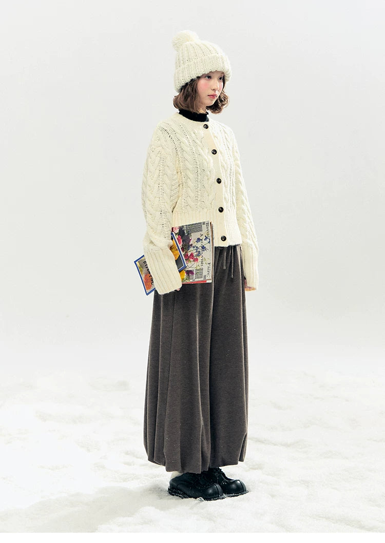 "Bunny Tea Party" Fleece-Lined Balloon Wide-Leg Pants (Hazelnut Brown/ Midnight Gray)