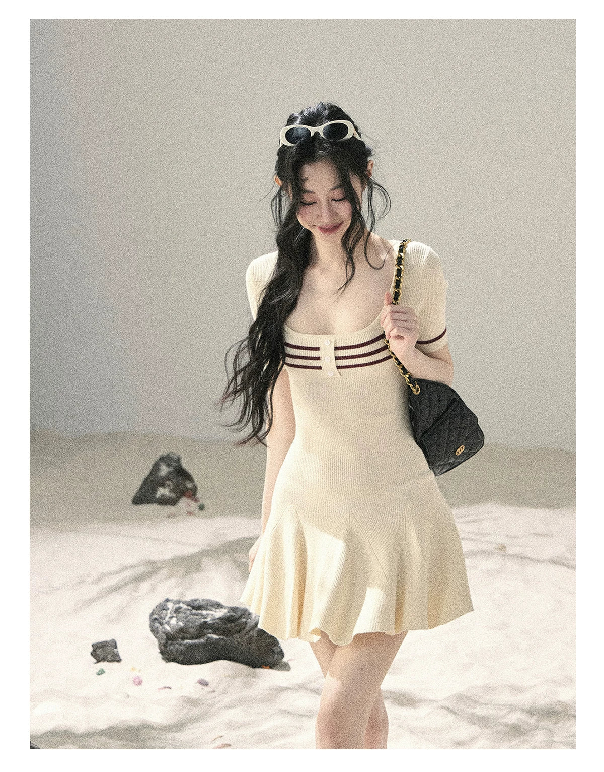"First Date" Ivory Square Neck Knit Pleated Mini Dress
