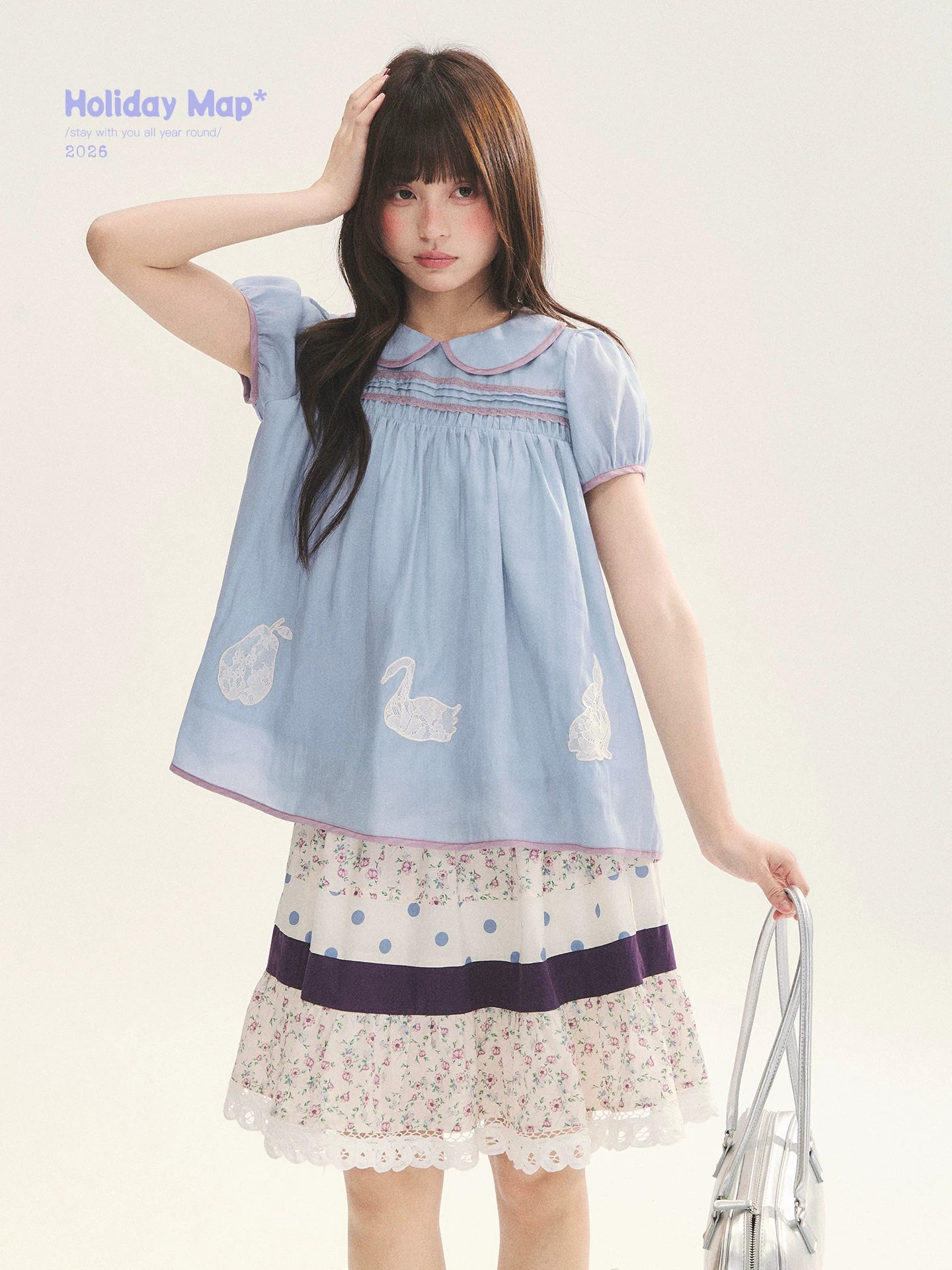 "Moonlight Grape" Vintage Floral Polka Dot Lace A-Line Skirt