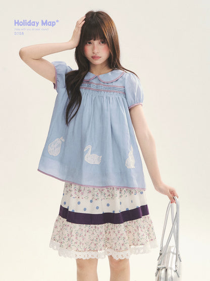 "Moonlight Grape" Vintage Floral Polka Dot Lace A-Line Skirt