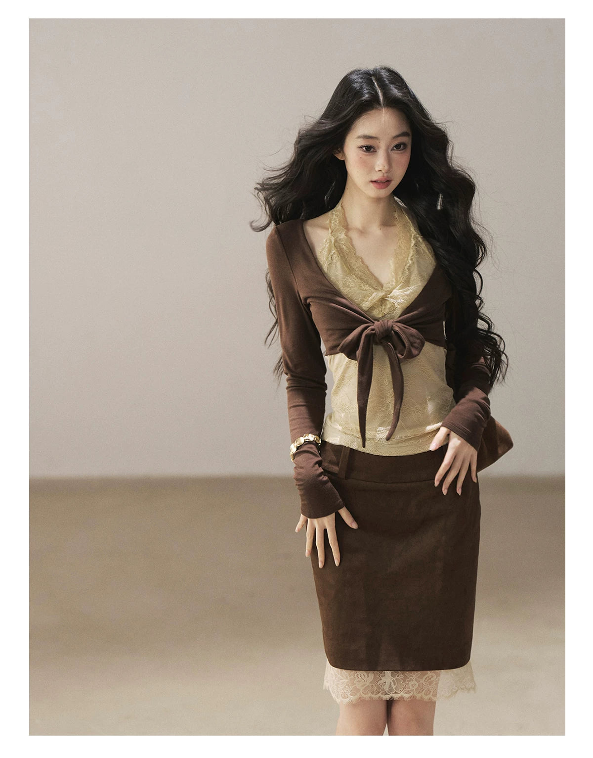 AOMALM - "Tender in This Moment" Rich Cocoa Faux Two-Piece Lace Top