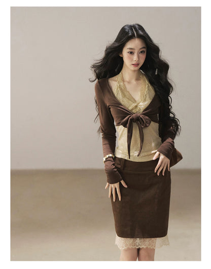 AOMALM - "Tender in This Moment" Rich Cocoa Faux Two-Piece Lace Top