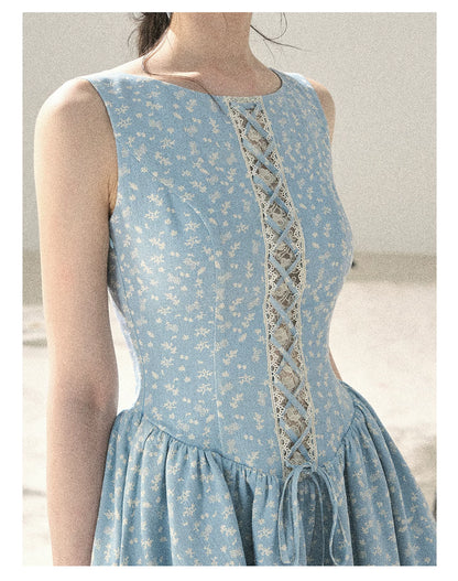 "Sage Summer" Haze Blue Lace Floral Puff Mini Dress