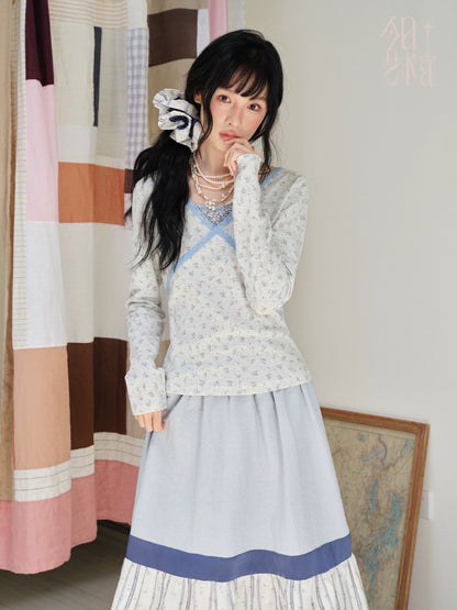DAILY ARTIST - Light Gray Floral Lace Cross-Front Long-Sleeve Top