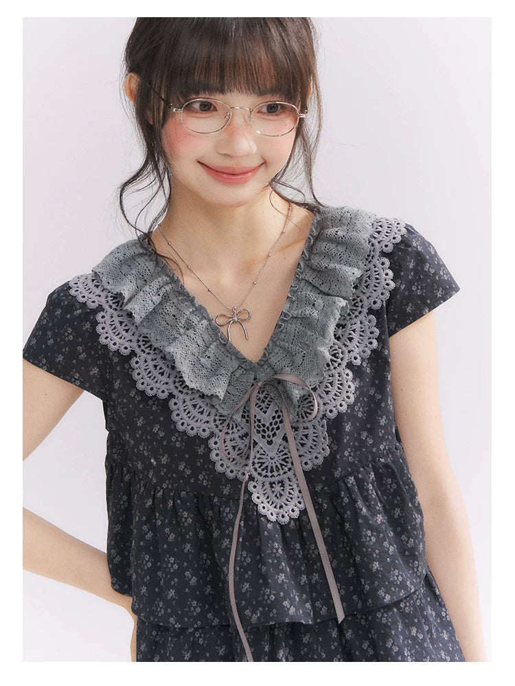 “Midnight Petal” Gray-Black Floral Top & Tiered Dress