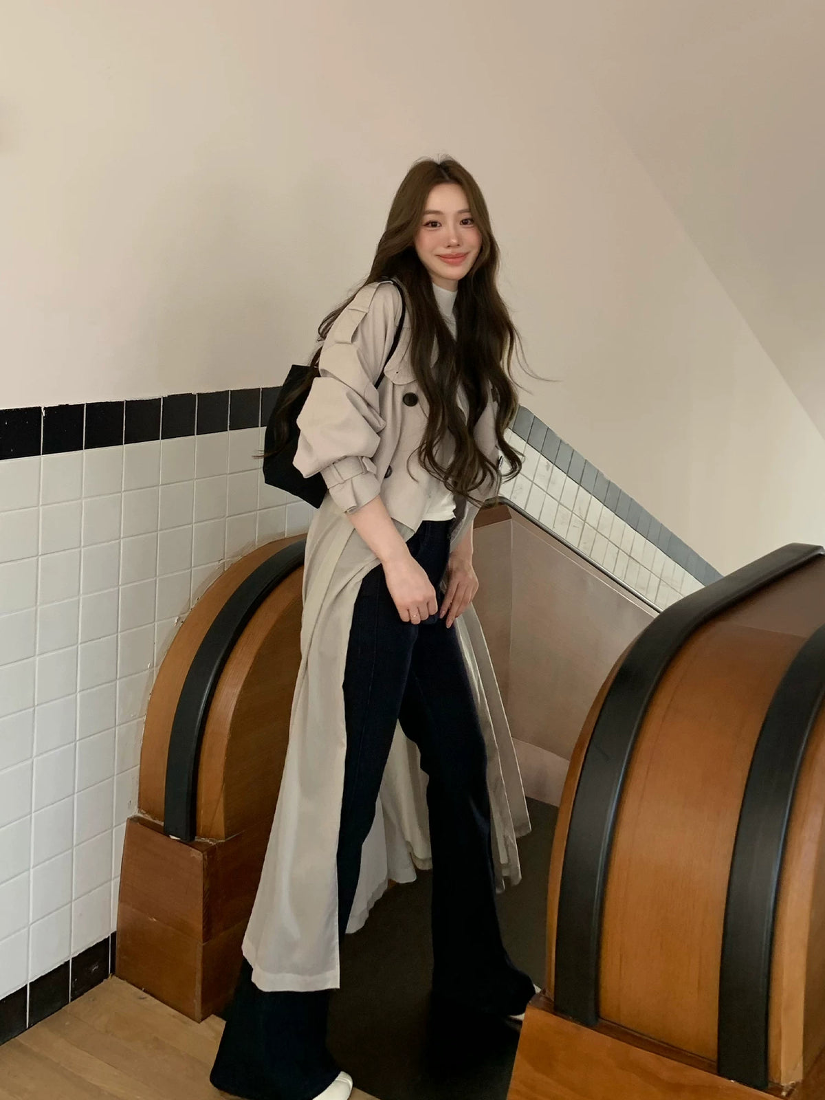 LaluneDuCiel - Beige Gray Double-Breasted Long Trench Coat