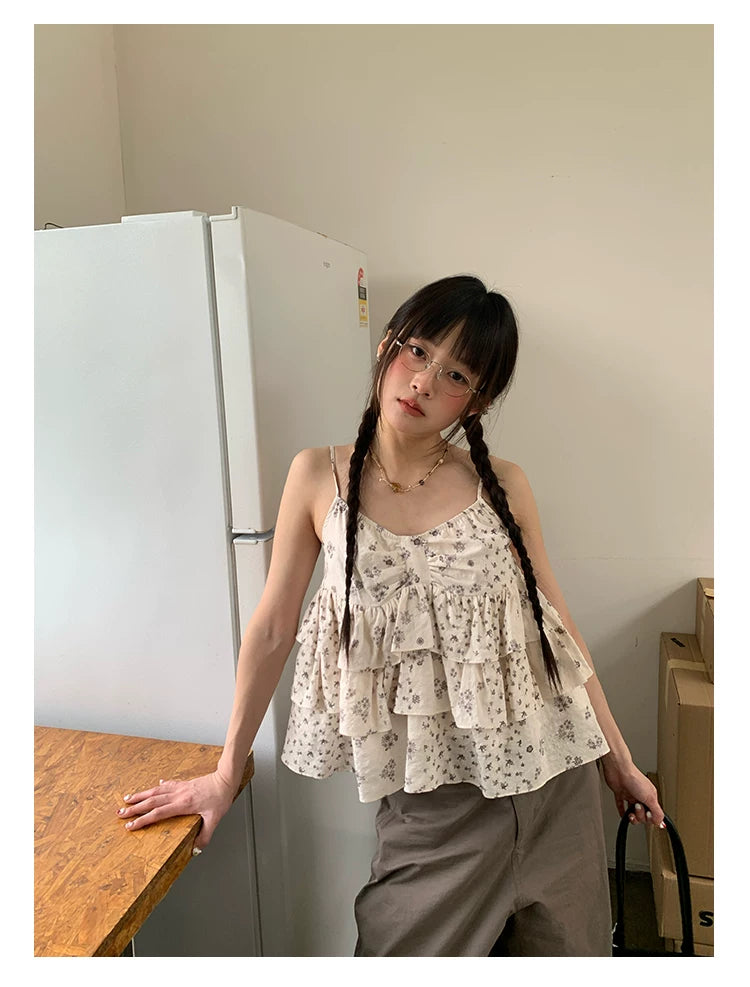"Among the Blossoms" Soft Gray Floral Cotton Ruffle Cami Top