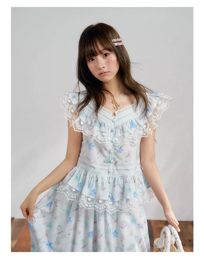 “Mint Blossom Isle” Blue Lace Trim Top & Bubble Hem Skirt