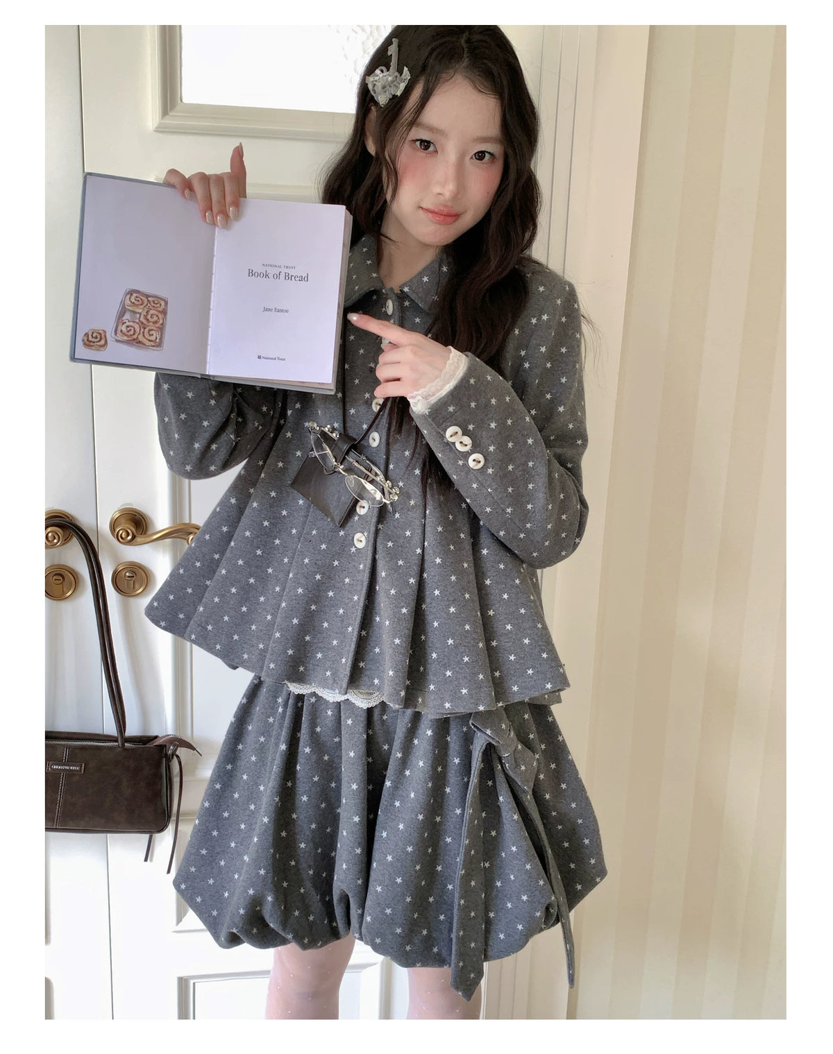 [RF] “Starlit Gray Tones” Gray Vintage Polka Dot Pleated Skirt Two-Piece Set