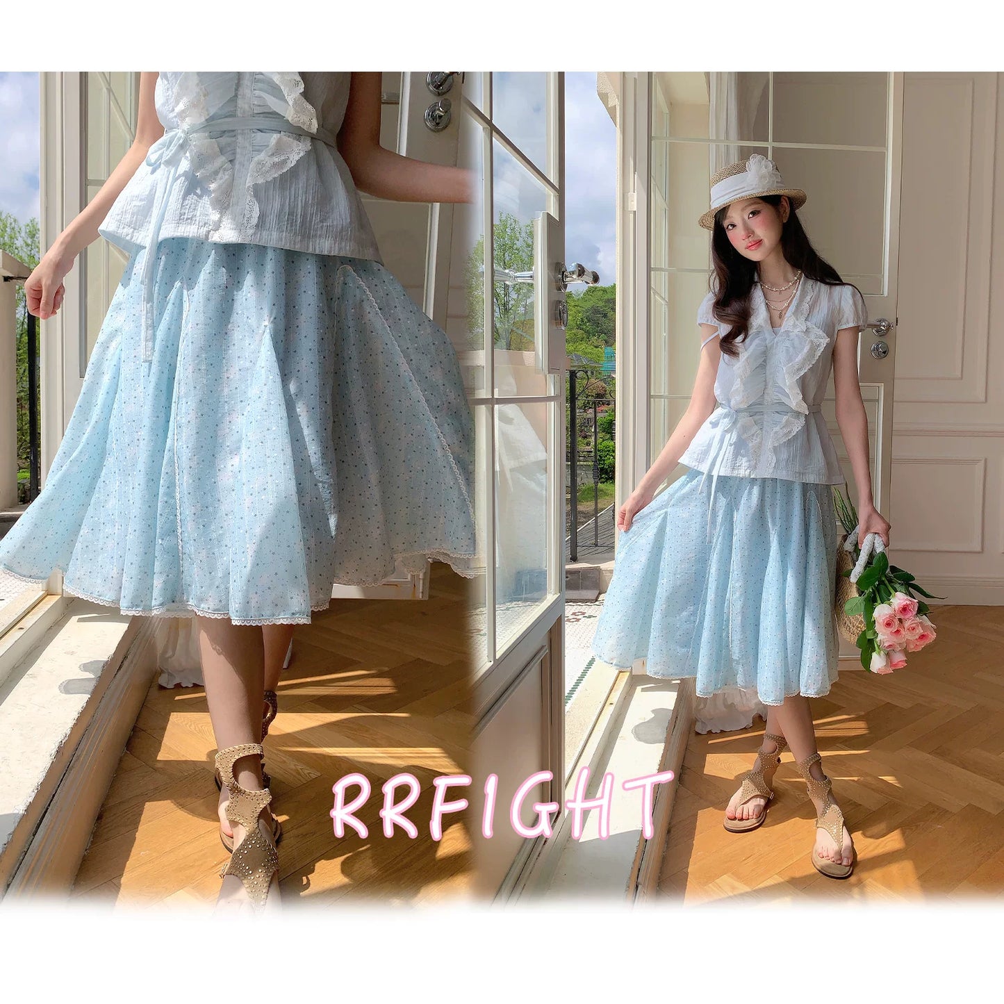 “Blue Berry Stardust” Blue Floral Polka Dot Skirt