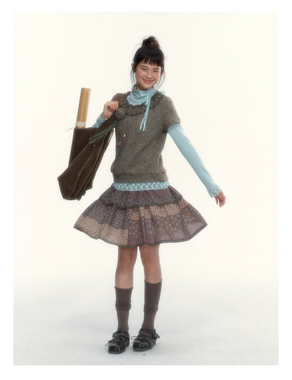 “Caramel Patchwork” Brown Patchwork Floral Plaid Lace A-Line Tiered Skirt