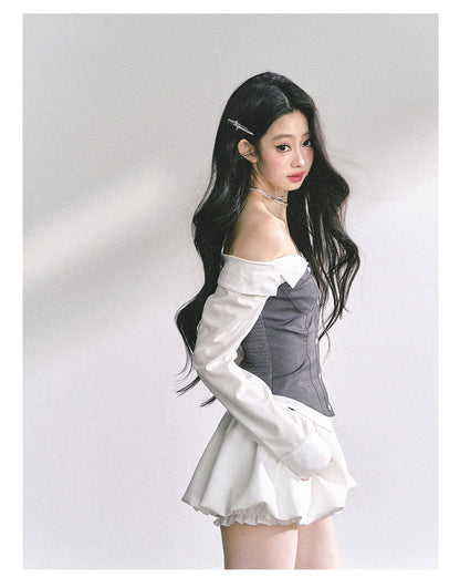 少也眼 "London Crush" Off-Shoulder Dual-Layer Long-Sleeve Spicy Girl Tee - Gray White
