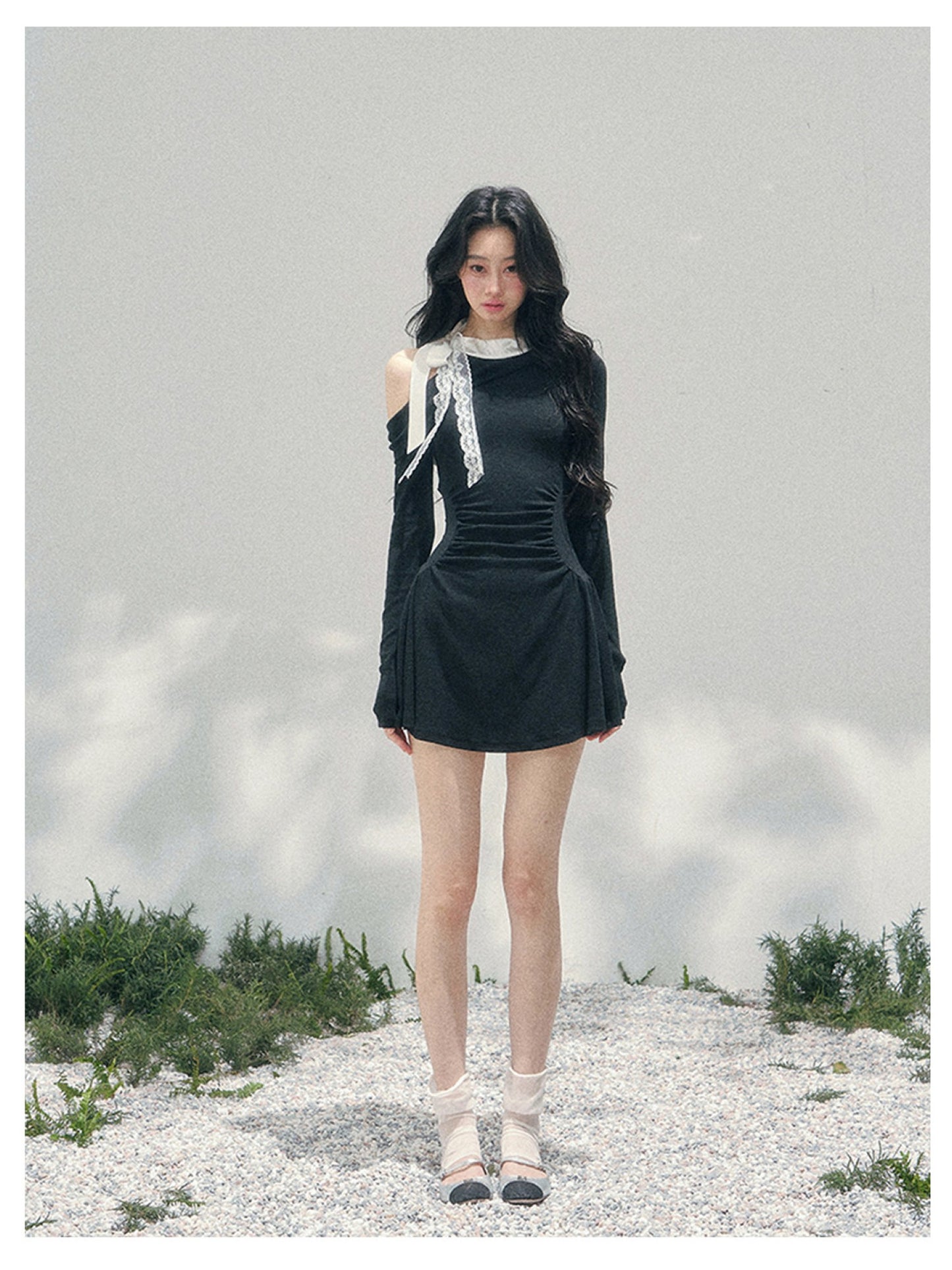 少也眼 “Lingering Warmth Entwined” Layered French Lace One-Shoulder Mini Dress - Serene Black 5435553