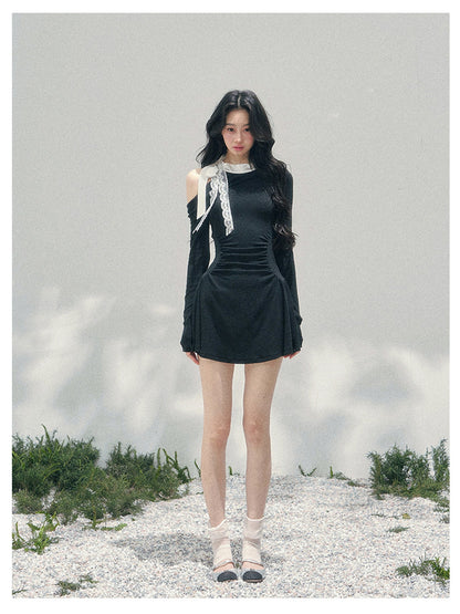 少也眼 “Lingering Warmth Entwined” Layered French Lace One-Shoulder Mini Dress - Serene Black 5435553