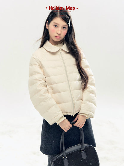 "Lily of the Valley Keepsake" Cropped Down Puffer Jacket (Pearl Beige/ Cloud Blue)