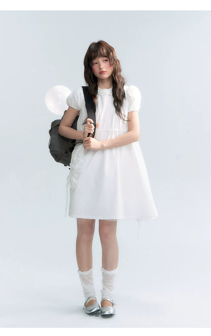 "Puff Doll Dress" Ruffle Trim Puff Sleeve Cotton A-Line Dress (White/ Black)