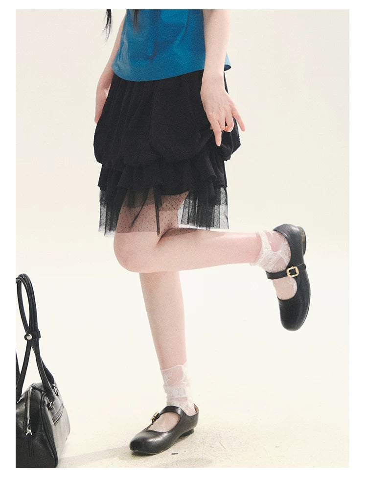 "Black & White Sonata" Polka Dot Mesh Tiered Jellyfish Skirt (White/ Black)