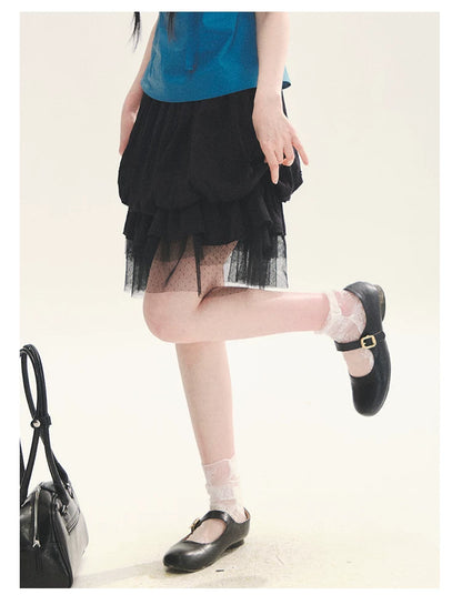 "Black & White Sonata" Polka Dot Mesh Tiered Jellyfish Skirt (White/ Black)