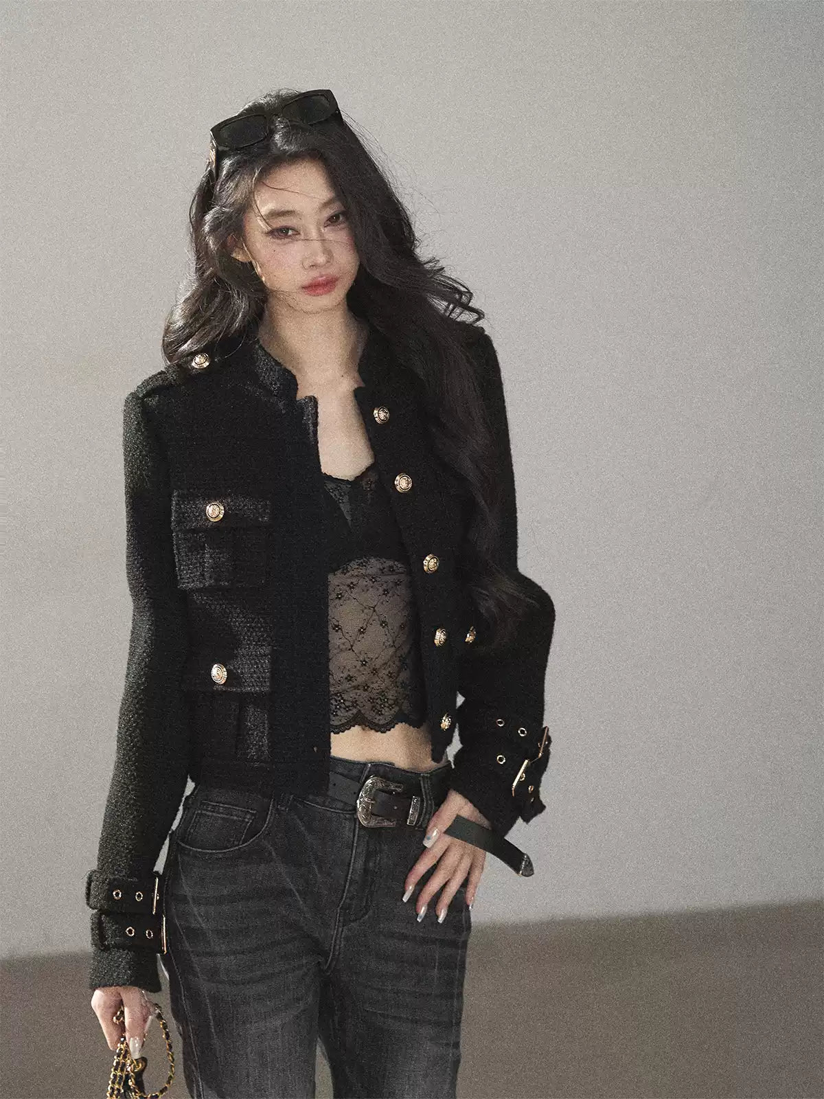AOMALM - “Obsidian Wilderness” Black Cropped Multi-Pocket Tweed-Style Jacket
