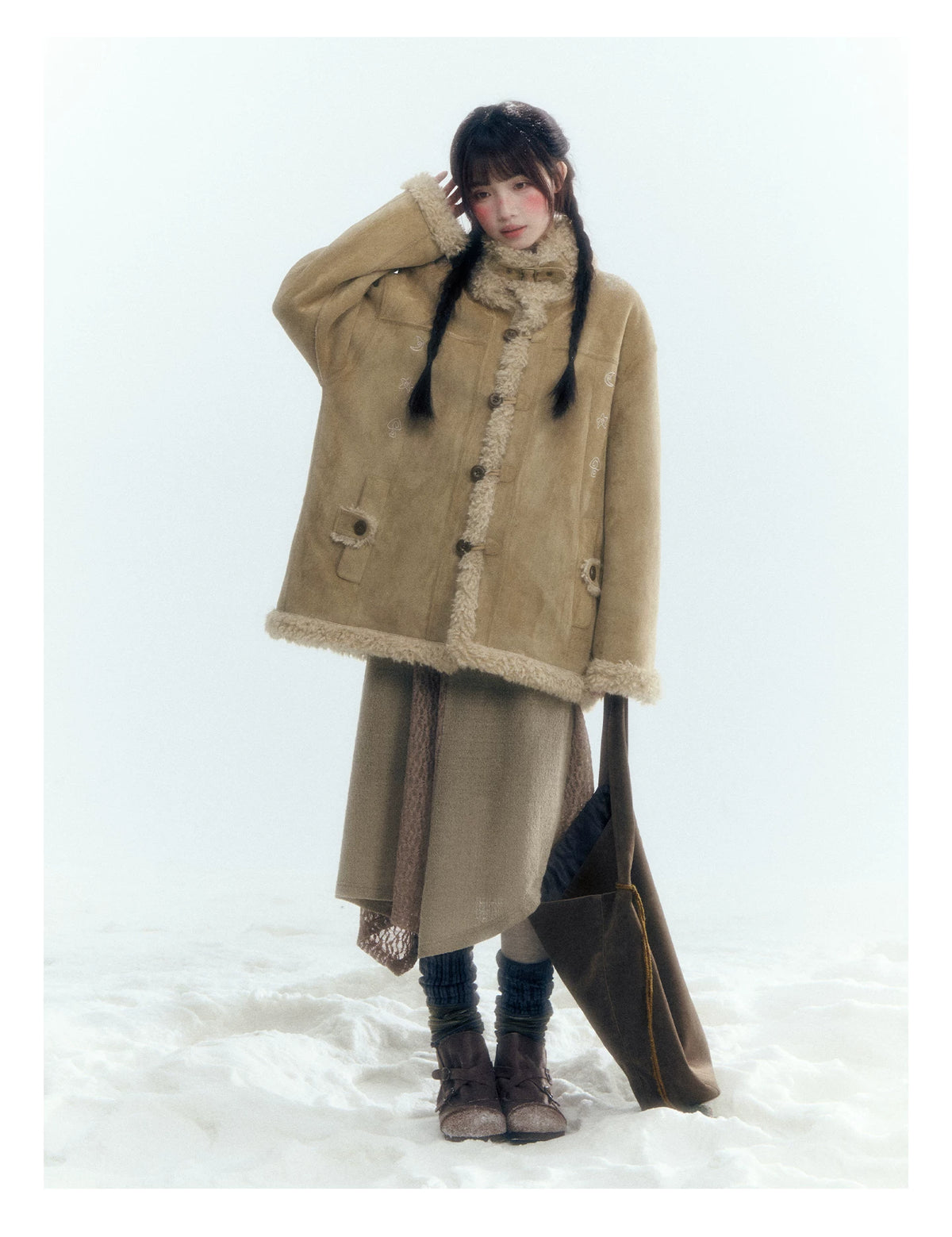 Horridale - Vintage Tan Suede-Effect Sherpa-Lined Stand Collar Jacket